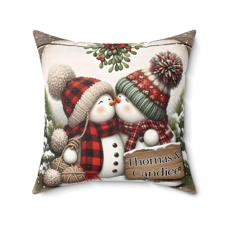 Personalized Kissing Snowman Couple Double Sided Pillow or Pillow Cover - Christmas Decor- Engagement Gift - Newlywed Gift