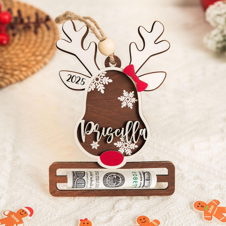 Personalized Money Holder Custom, Santa Money Holder, Reindeer Ornament, Xmas Money Holder, Cash Gift Holder, Bucks For Xmas