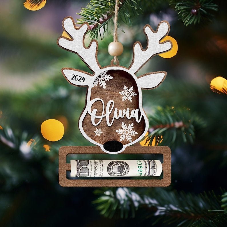 Personalized Money Holder Custom, Santa Money Holder, Reindeer Ornament, Xmas Money Holder, Cash Gift Holder, Bucks For Xmas