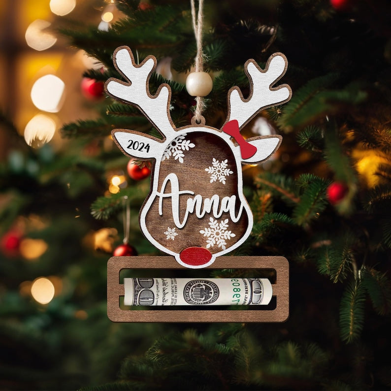 Personalized Money Holder Custom, Santa Money Holder, Reindeer Ornament, Xmas Money Holder, Cash Gift Holder, Bucks For Xmas