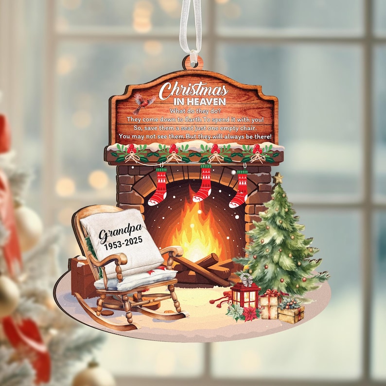 Christmas In Heaven Sympathy Ornament, Memorial Christmas, Grandpa Rocking Chair Personalized Ornament, Empty Chair Christmas In Heaven