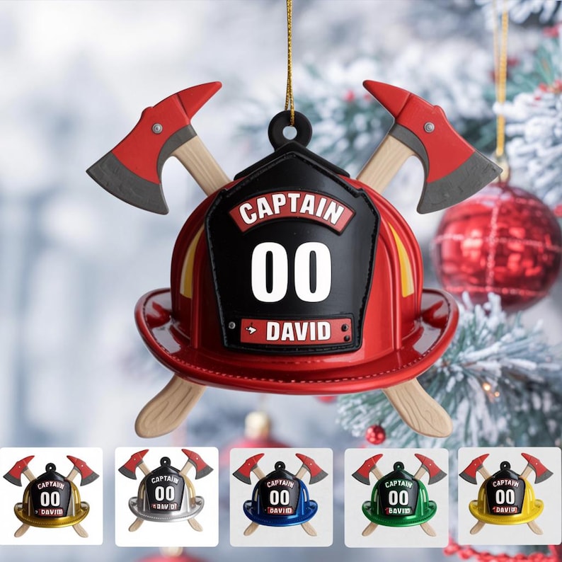 Personalized Firefighter Helmet Ornament - Custom Name, Rank & Number - Christmas Tree Gift for Fireman, Captain, Fire Chief, EMS Hero