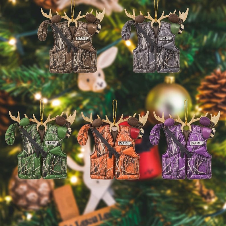 Personalized Hunting Vest Ornament Custom Camo Christmas Tree Gift with Name Funny Hunter Gift for Outdoorsman, Deer Hunter, Holiday