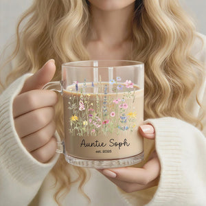 Personalized New Auntie Gift, Custom Floral Glass Coffee Mug with Name, Pregnancy Reveal Sister Gift, Baby Announcement, Gift for Bestie