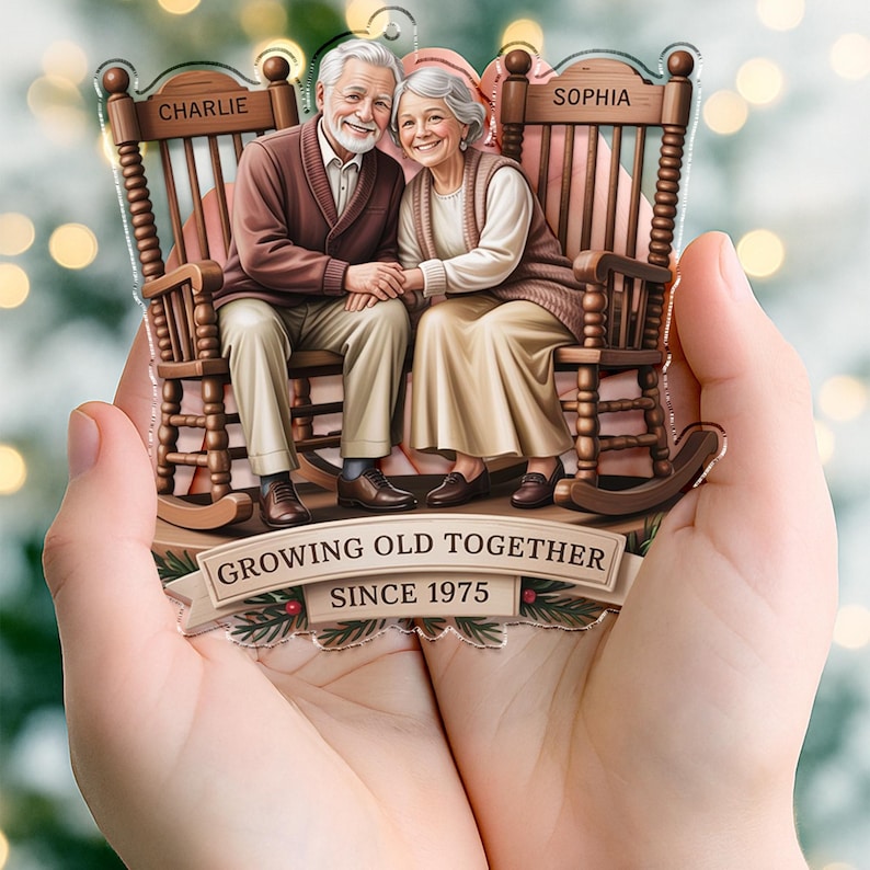 Growing Old Together Couple Ornament, 2D Flat Rocking Chairs Acrylic Keepsake, Sitting Together Vintage Christmas Gift, Grandma Grandpa Gift