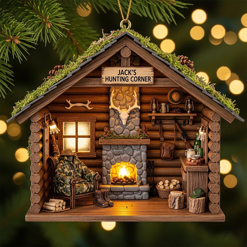 Personalized Hunting Cabin Ornament Custom Name Rustic Log Cabin Keepsake Gift for Hunters & Outdoorsmen Christmas Decor - 2D Flat Ornament