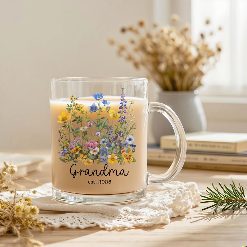 New Grandma Mug Personalized,First Time Grandmother Gift,Flower Glass Nanna Coffee Cup,Custom 1st Time Grandma Gift,Pregnancy Announcement