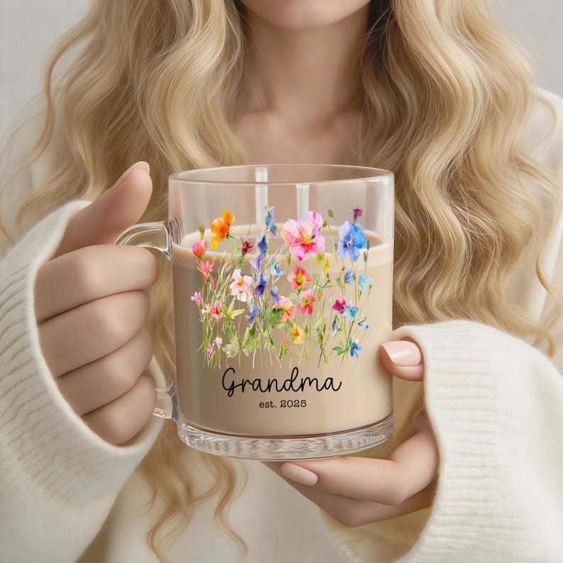 New Grandma Mug Personalized,First Time Grandmother Gift,Flower Glass Nanna Coffee Cup,Custom 1st Time Grandma Gift,Pregnancy Announcement