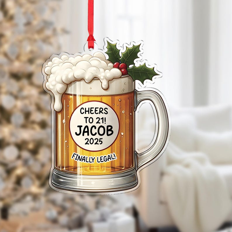 Personalized 21st Birthday Beer Mug Ornament Custom Name Xmas Gift Finally Legal Christmas Tree Decoration 2025