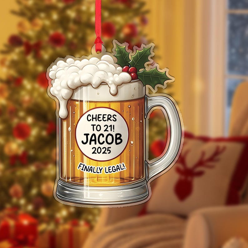 Personalized 21st Birthday Beer Mug Ornament Custom Name Xmas Gift Finally Legal Christmas Tree Decoration 2025