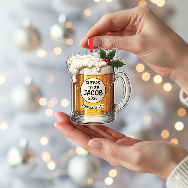 Personalized 21st Birthday Beer Mug Ornament Custom Name Xmas Gift Finally Legal Christmas Tree Decoration 2025