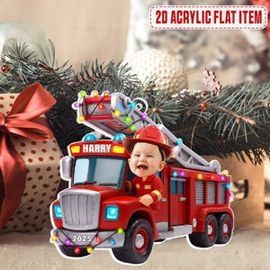 Personalized Firetruck Christmas 2025 Acrylic Ornament, Custom Kid Photo And Name Christmas Tree Hanging Ornament,Gift For Firefighter Child