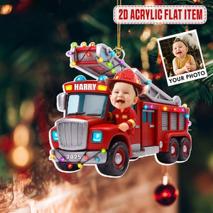 Personalized Firetruck Christmas 2025 Acrylic Ornament, Custom Kid Photo And Name Christmas Tree Hanging Ornament,Gift For Firefighter Child