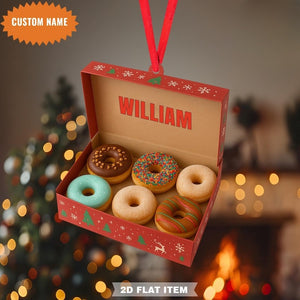 Custom Name Donut Box Christmas Ornament, Donut Christmas Ornament, Flat 2D Ornament, Baker Gift For Her, Gift For Donut Lovers