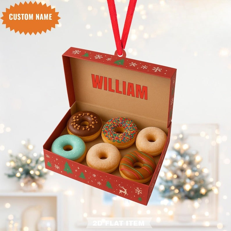 Custom Name Donut Box Christmas Ornament, Donut Christmas Ornament, Flat 2D Ornament, Baker Gift For Her, Gift For Donut Lovers