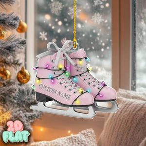 Personalized Ice Skates 2D FLAT Christmas Ornament, Custom Name Pink Figure Skating Holiday Decor, Gift for Skater Girl, Winter Sports Xmas