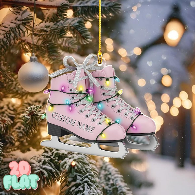 Personalized Ice Skates 2D FLAT Christmas Ornament, Custom Name Pink Figure Skating Holiday Decor, Gift for Skater Girl, Winter Sports Xmas