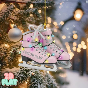 Personalized Ice Skates 2D FLAT Christmas Ornament, Custom Name Pink Figure Skating Holiday Decor, Gift for Skater Girl, Winter Sports Xmas