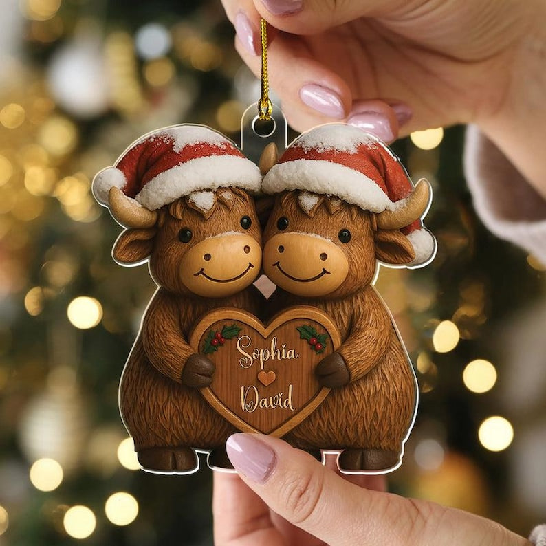 Custom Christmas Highland Cow Couple Ornament, Custom Name Highland Cow Couple Ornament, Growing Old Together Since Year, Christmas Gift