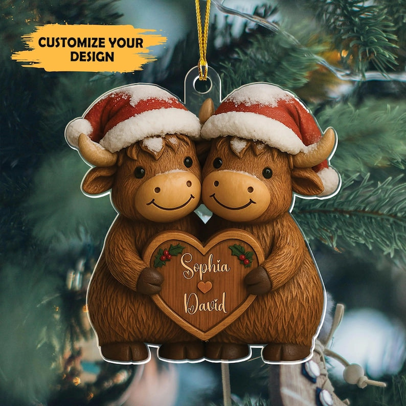 Custom Christmas Highland Cow Couple Ornament, Custom Name Highland Cow Couple Ornament, Growing Old Together Since Year, Christmas Gift