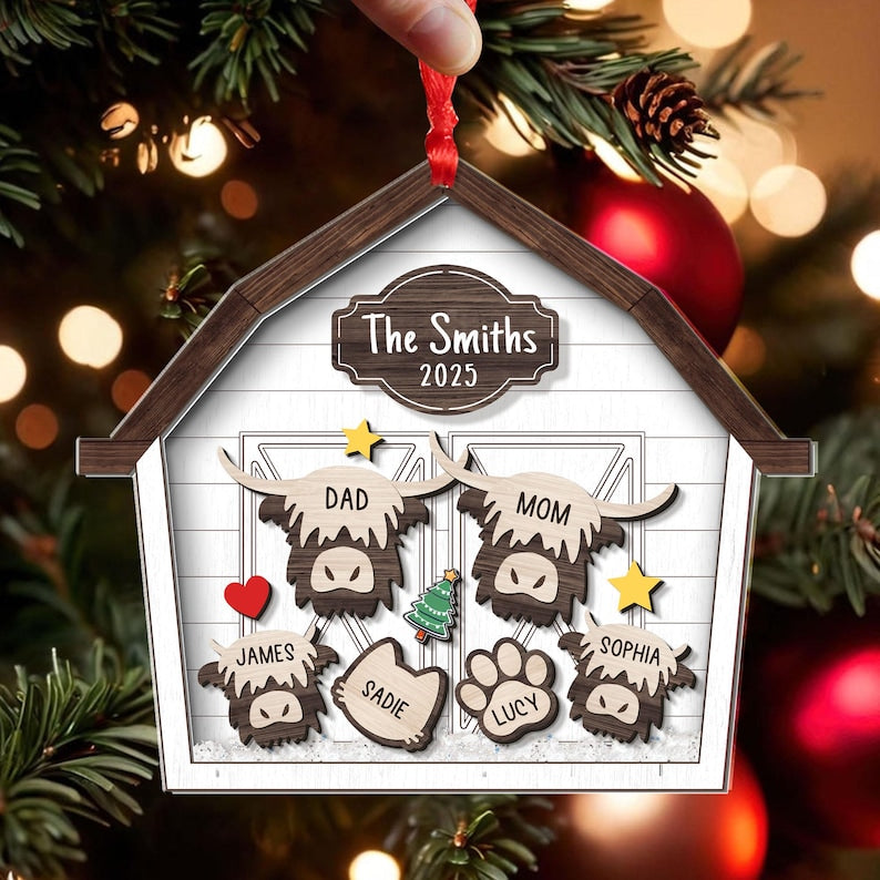 Custom Highland Cow Family Christmas Shaker Ornament 2025, Personalized Highland Cow Barn House Ornament, Family Keepsake Christmas Decor
