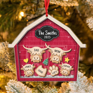 Custom Highland Cow Family Christmas Shaker Ornament 2025, Personalized Highland Cow Barn House Ornament, Family Keepsake Christmas Decor