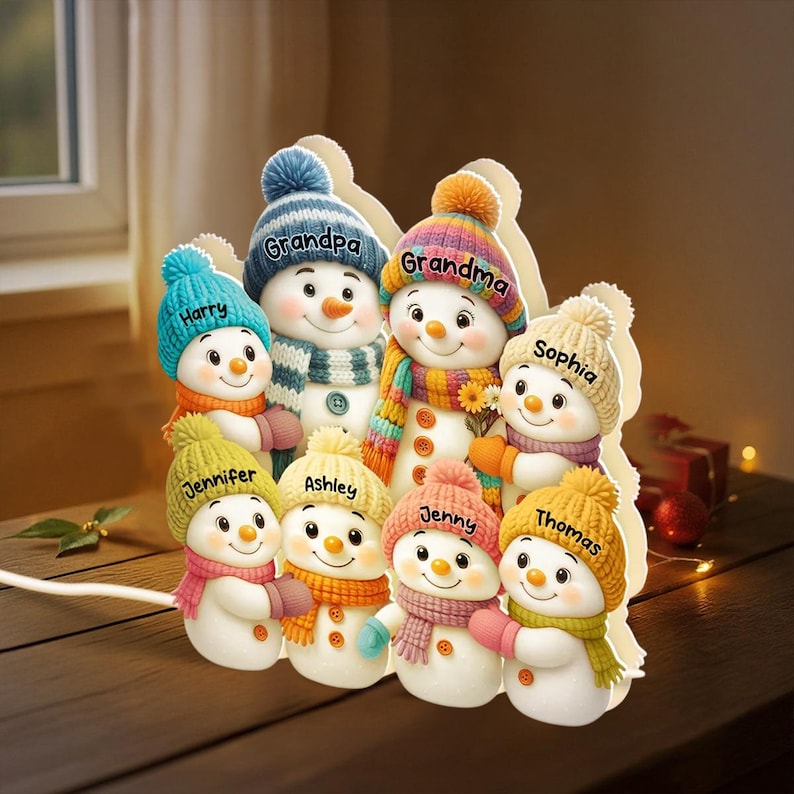 Personalized Snowman Family LED Light Box, Grandma Grandpa & Grandkids Christmas 2025 Cozy Home Decoration, Christmas Gifts for Grandparents