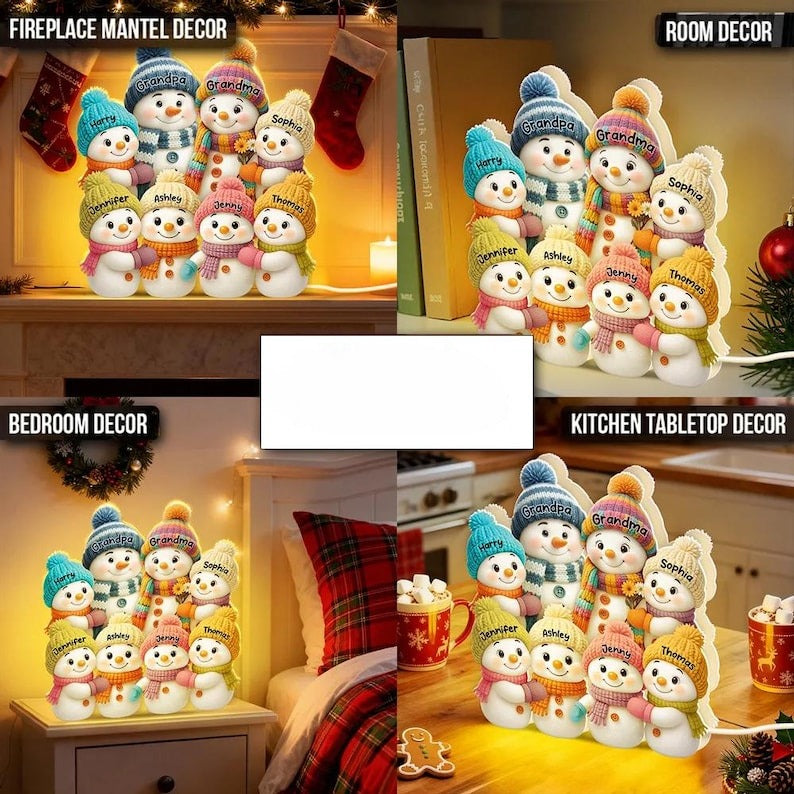 Personalized Snowman Family LED Light Box, Grandma Grandpa & Grandkids Christmas 2025 Cozy Home Decoration, Christmas Gifts for Grandparents