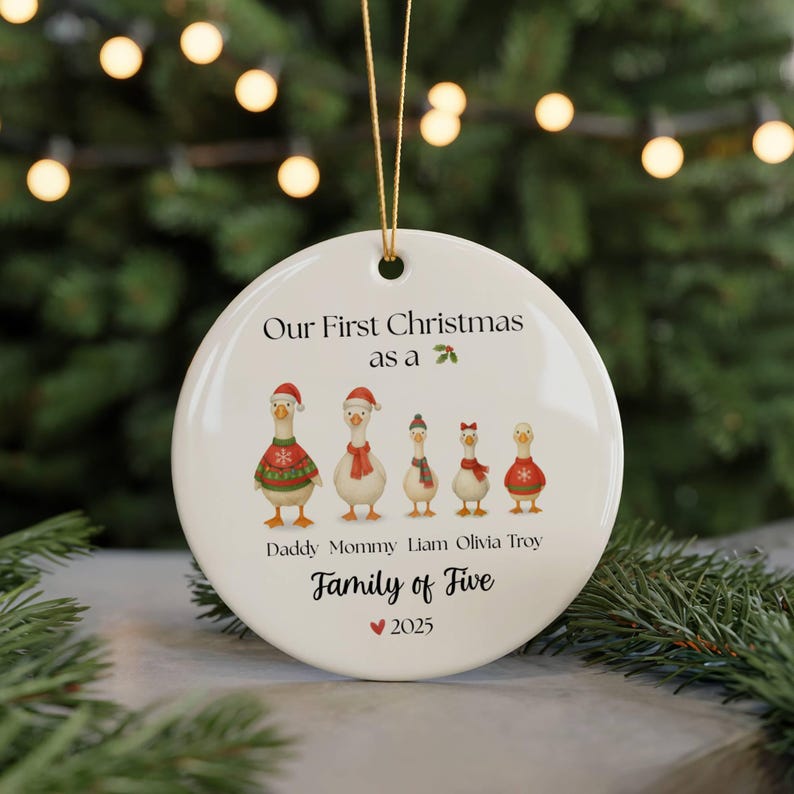 Our First Christmas Family of 5 Ornament Personalized Goose Ornament with Custom Names