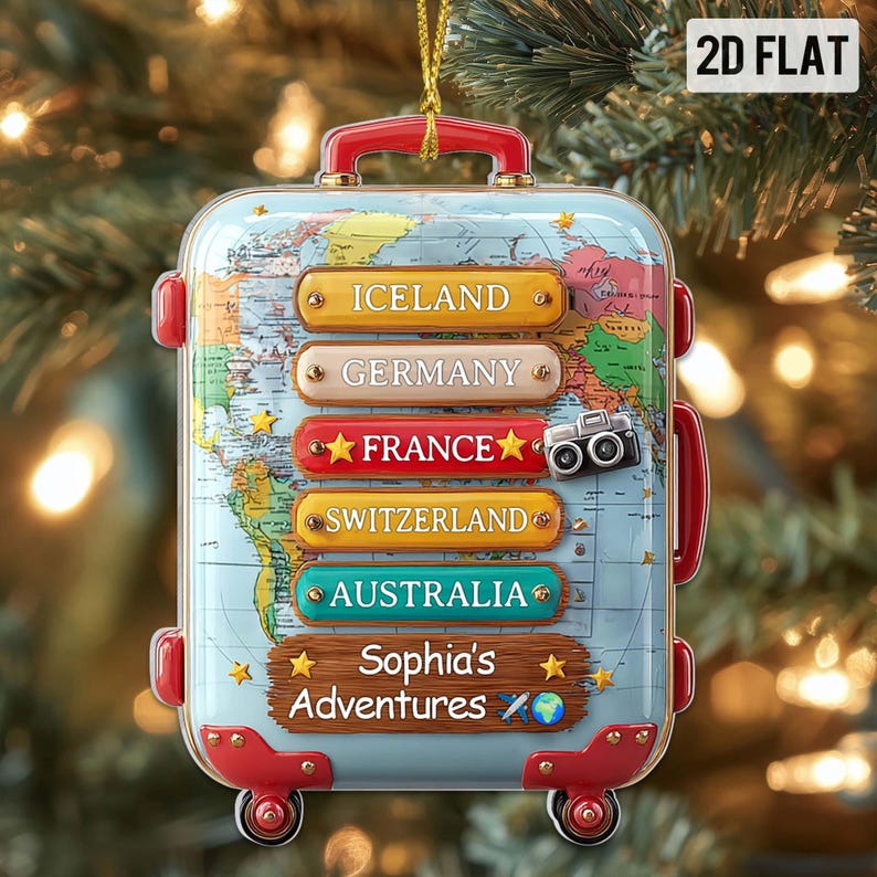 Custom Travel 2D Flat Ornament with Countries, Personalized Luggage Suitcase Christmas Tree Decor, Adventure Holiday Gift for Travel Lovers