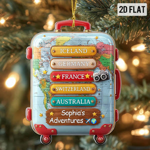 Custom Travel 2D Flat Ornament with Countries, Personalized Luggage Suitcase Christmas Tree Decor, Adventure Holiday Gift for Travel Lovers