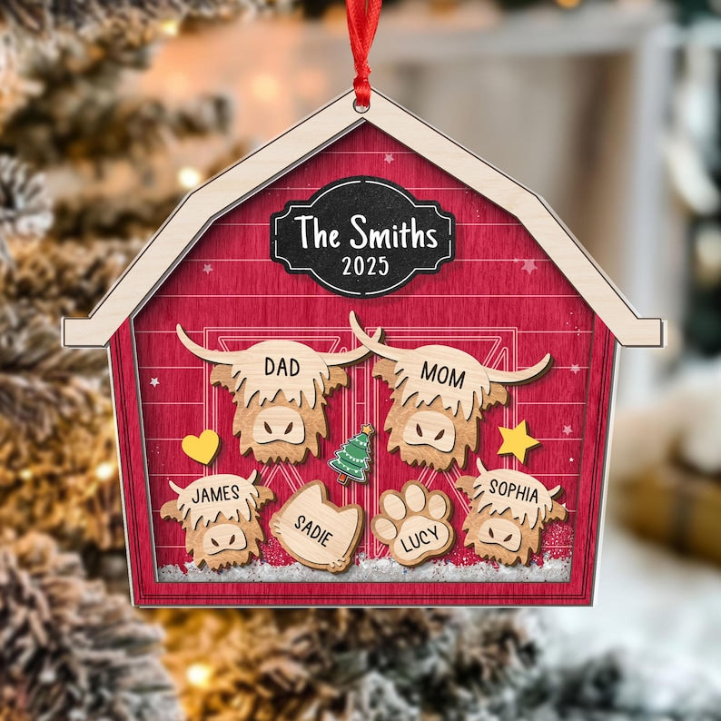 Custom Highland Cow Family Christmas Shaker Ornament 2025, Personalized Highland Cow Barn House Ornament, Family Keepsake Christmas Decor