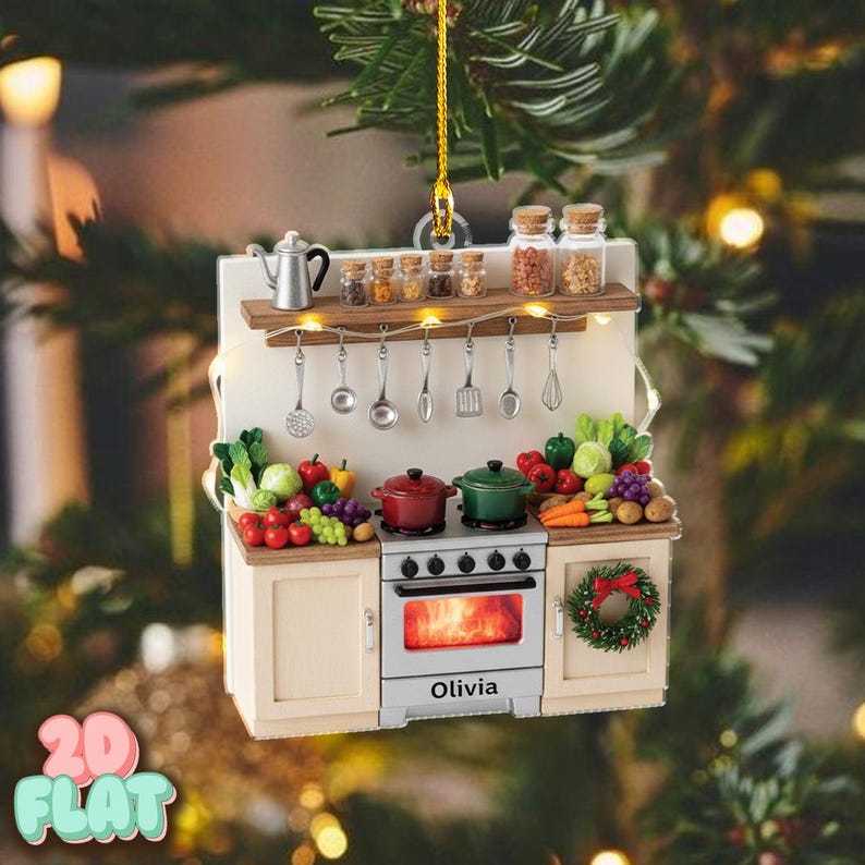 Personalized Kitchen 2D FLAT Ornament, Custom Chef Christmas Decor, Cooking Food Lover Gift, Holiday Baking Ornament with Name, Xmas Tree