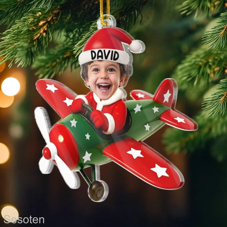 Custom Kid Face Cartoon Airplane Ornament, Xmas Face Kid Ornament, Christmas Gift for Kids, Funny Baby Pilot Ornament, Baby Face Ornament