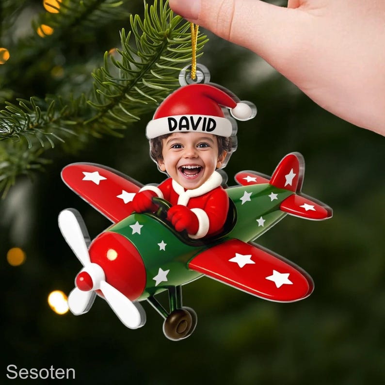 Custom Kid Face Cartoon Airplane Ornament, Xmas Face Kid Ornament, Christmas Gift for Kids, Funny Baby Pilot Ornament, Baby Face Ornament