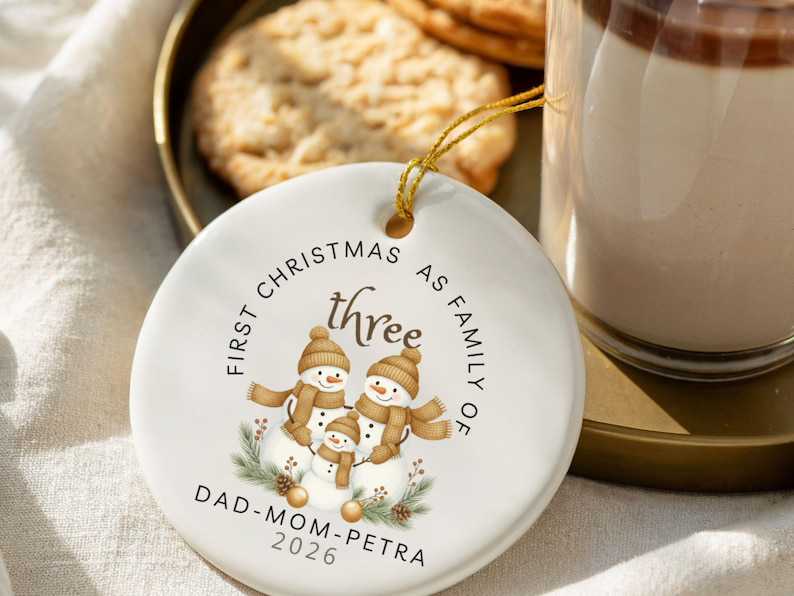 Personalized Family of Three Christmas Ornament, First Christmas, Ceramic