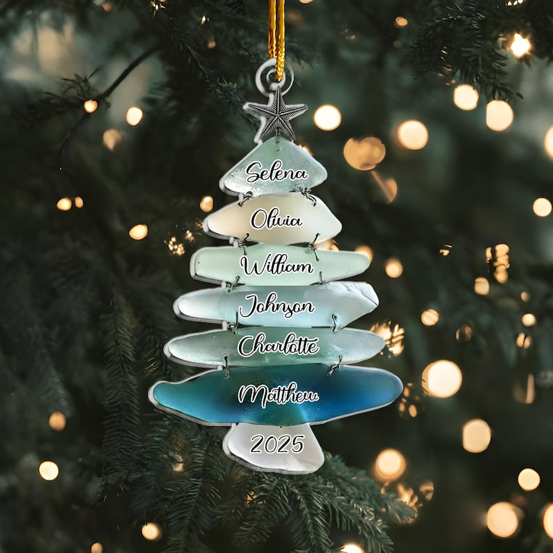 2D Flat Personalized Sea Glass Family Tree Ornament, Custom Big Family Name Acrylic Christmas Tree, Sea Glass Holiday Keepsake, Family Gift