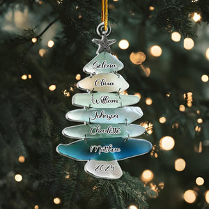 2D Flat Personalized Sea Glass Family Tree Ornament, Custom Big Family Name Acrylic Christmas Tree, Sea Glass Holiday Keepsake, Family Gift