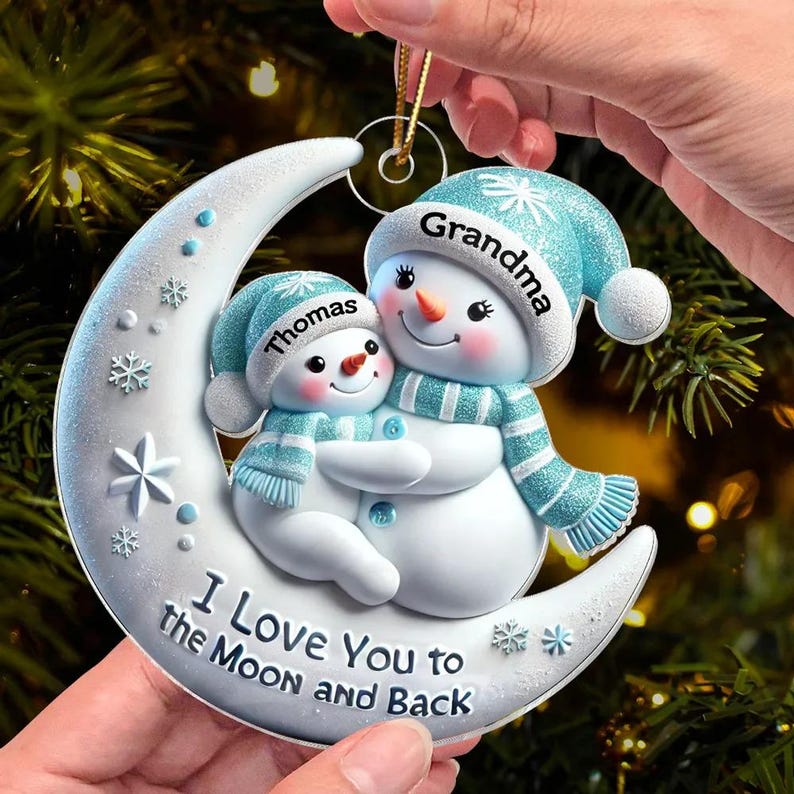 3D Effect Snowman Grandma & Hugging Grandkid On The Moon Ornament, Personalized Acrylic Ornament, Christmas Gift For Granddaughter, Grandson