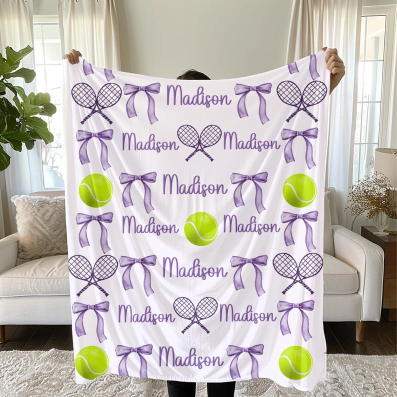 Personalized Tennis & Bows Plush Blanket: Gift for Tennis Lover