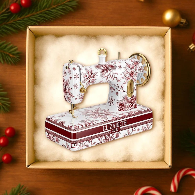 Personalized Sewing Machine Toile De Jouy Ornament, Custom Quilter Christmas Decor, Seamstress Gift, Quilting Studio Decor, Crafting Gift
