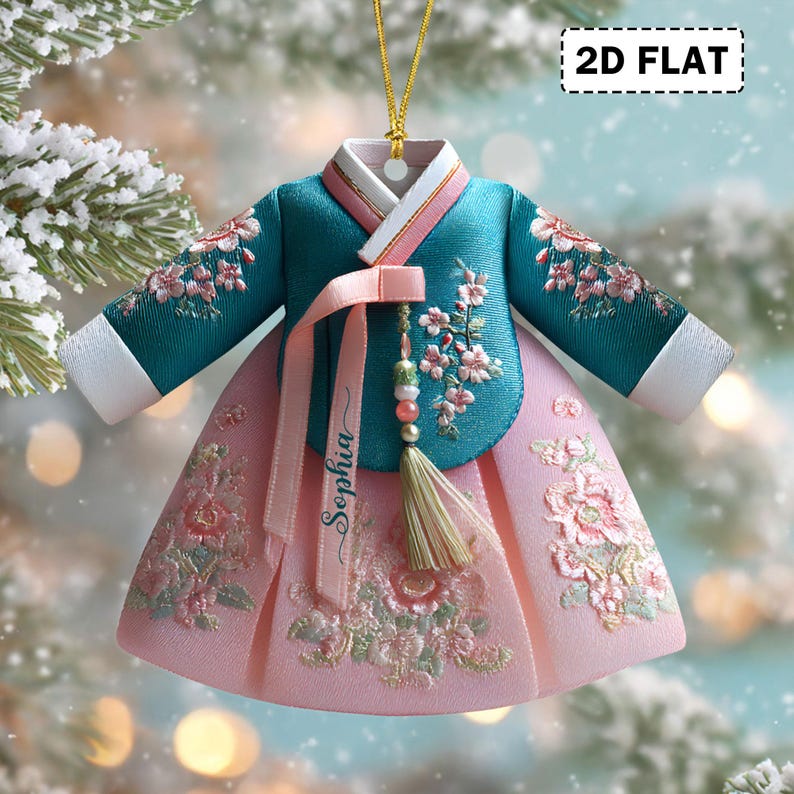 2D Flat Personalized Korean Hanbok Dress Christmas Acrylic Ornament, Traditional Asian Cultural Decor, Holiday Gift, Korean Lover Gift