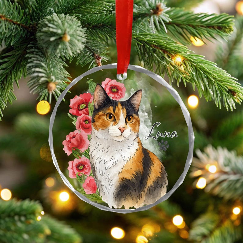 Personalized Pet Glass Ornament, Custom Cat Dog Christmas Hanging, Pet Remembrance Gift,Cat Photo Keepsake Holiday Decoration,Christmas Gift