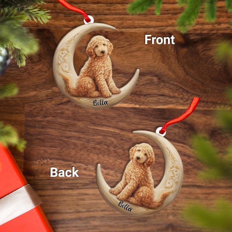 Personalized Goldendoodle Dog on Moon Acrylic Ornament Flat 2D Cutout Holiday Tree Decor Gift for Pet Lovers, Families, Puppy Keepsake