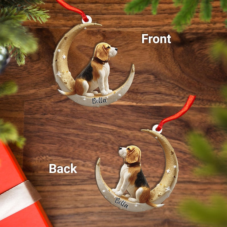 Personalized Beagle Dog on Moon Acrylic Ornament Flat 2D Cutout Holiday Tree Decor Gift for Pet Lovers, Families, Puppy Keepsake