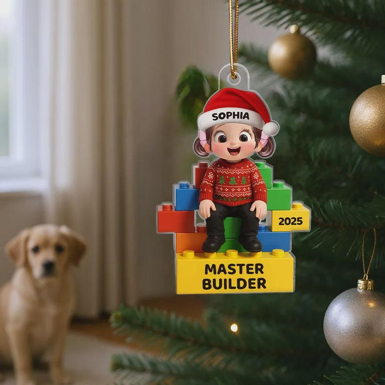 2D Flat Little Kid Master Builder Personalized Acrylic Ornament, Custom Lego Christmas Ornament, Gift for Boys Girls Kids