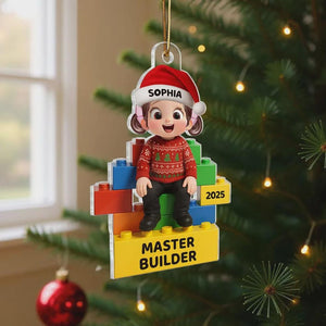 2D Flat Little Kid Master Builder Personalized Acrylic Ornament, Custom Lego Christmas Ornament, Gift for Boys Girls Kids