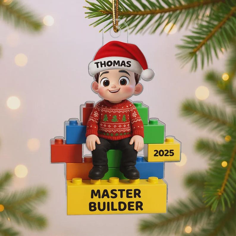 2D Flat Little Kid Master Builder Personalized Acrylic Ornament, Custom Lego Christmas Ornament, Gift for Boys Girls Kids