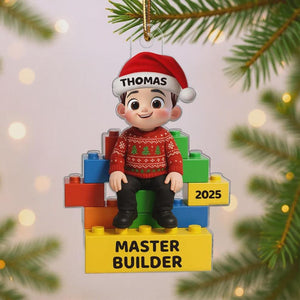 2D Flat Little Kid Master Builder Personalized Acrylic Ornament, Custom Lego Christmas Ornament, Gift for Boys Girls Kids