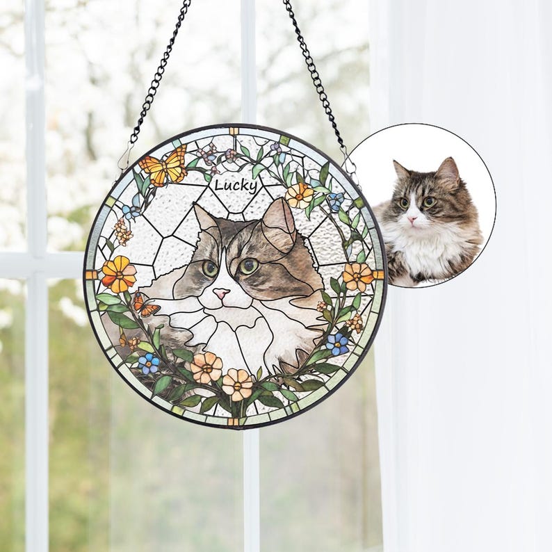 Custom Pet Portrait Stained Glass Suncatcher, Stained Glass cat Memorial, Custom cat Portrait from Photo, pet loss gifts , Stained glass cat